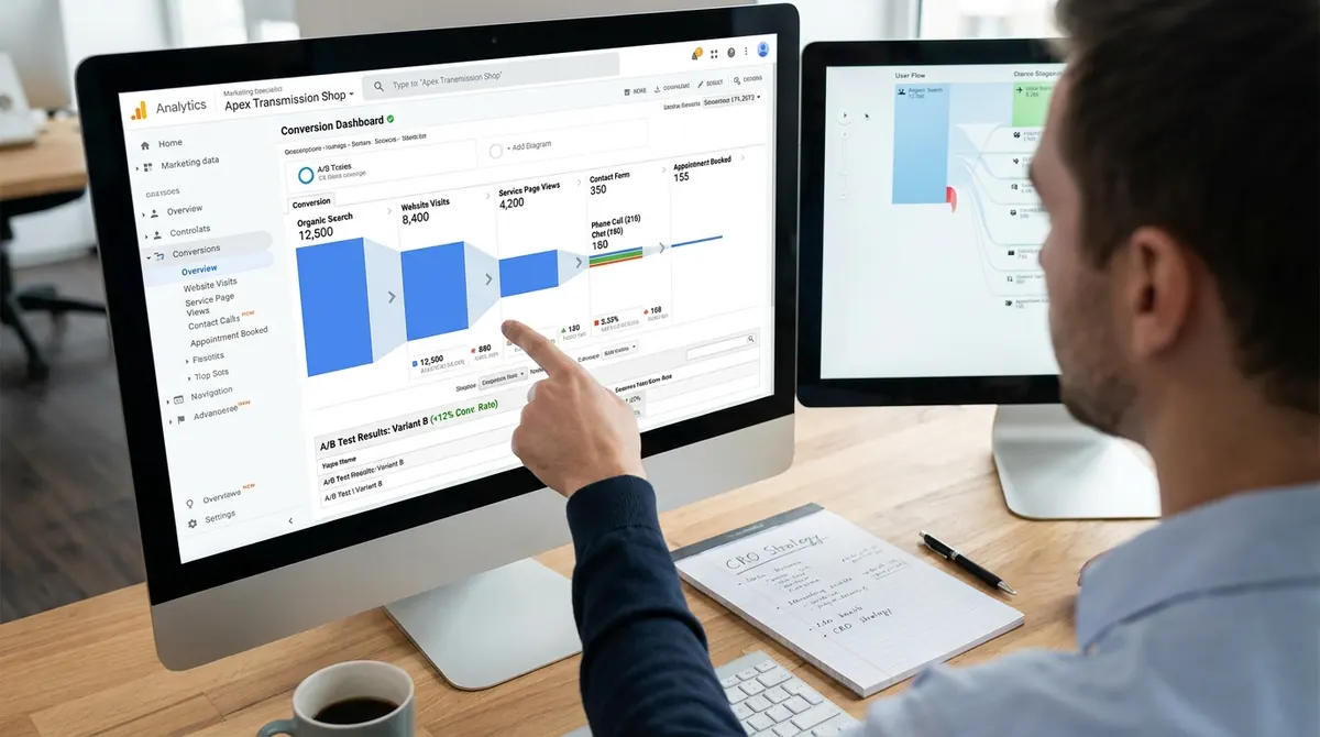 Campaign plan, laptop dashboard, and local SEO checklist on a desk