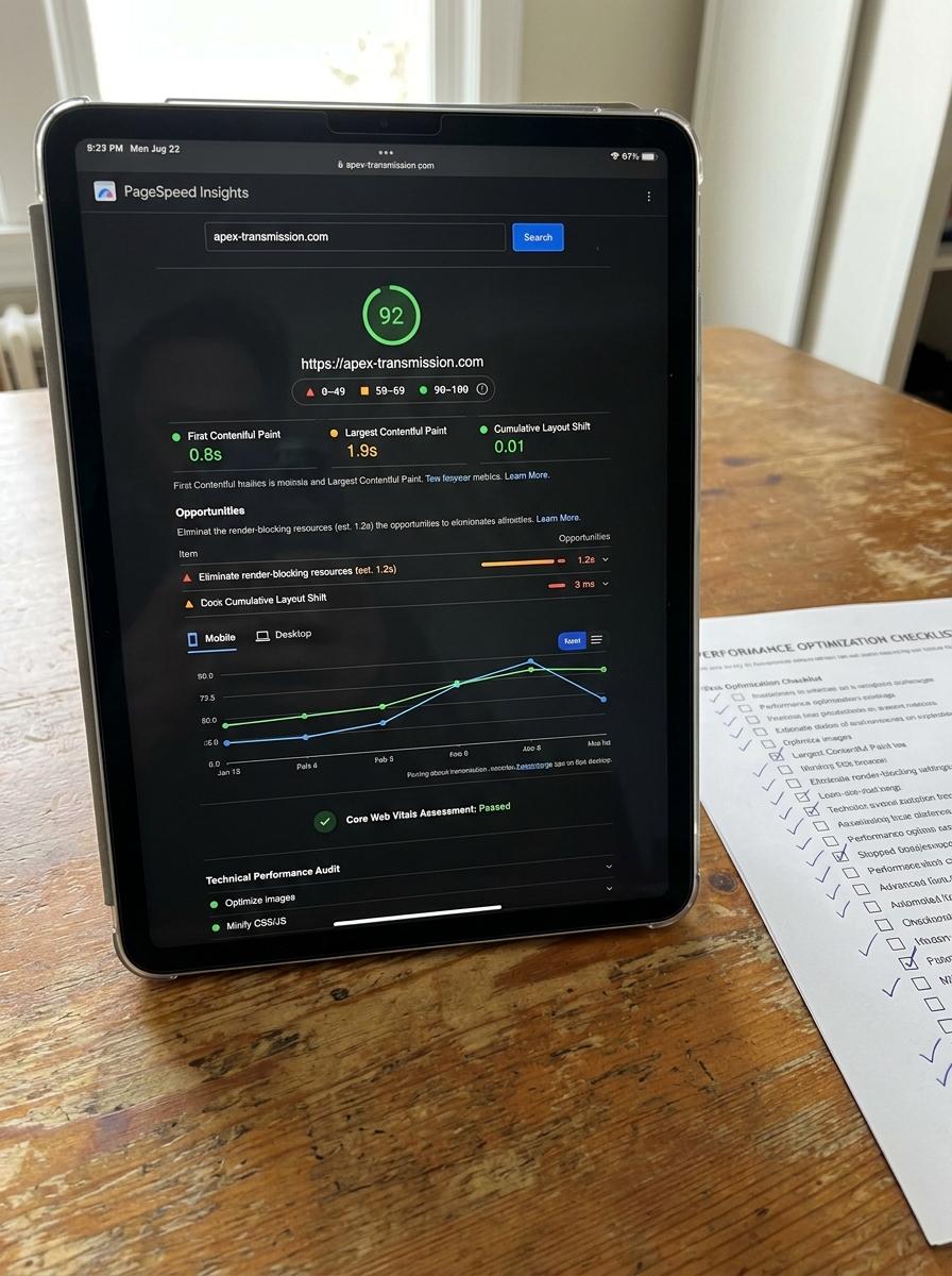 PageSpeed Insights showing 92 score for apex-transmission.com with Core Web Vitals passed