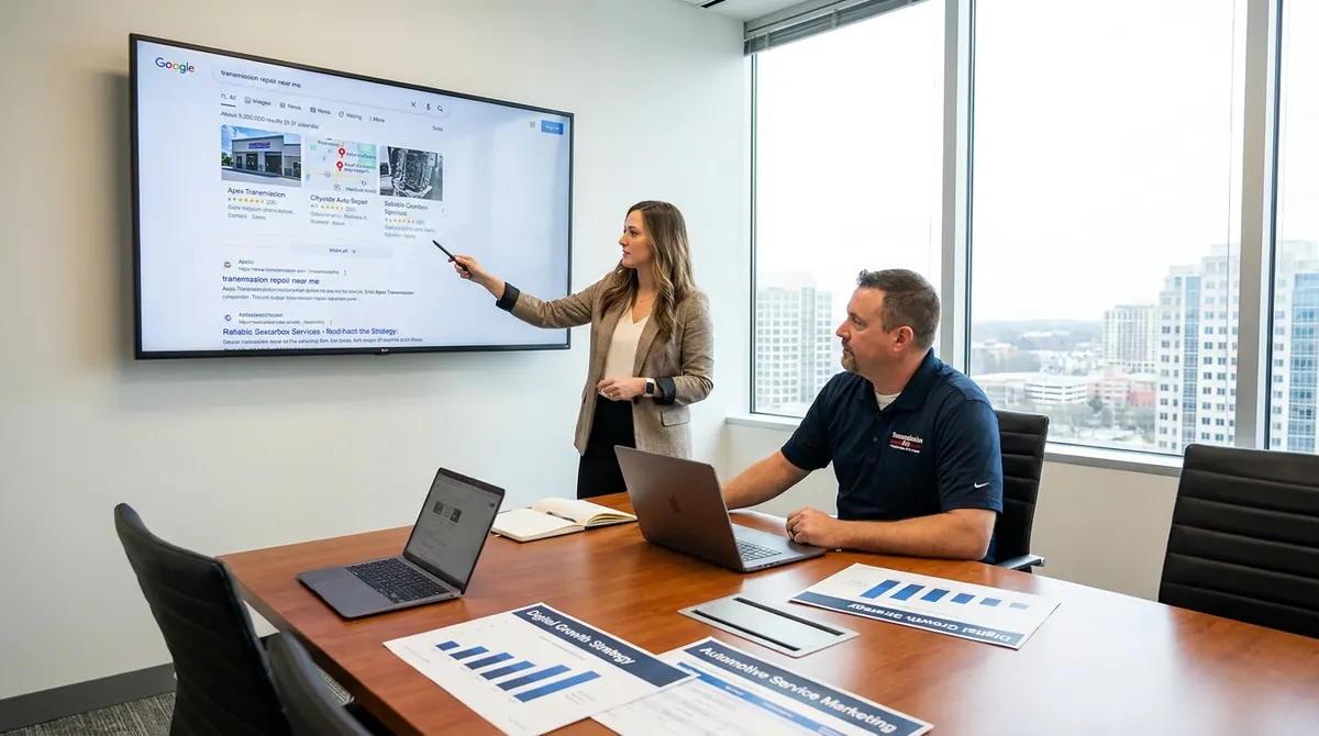 Marketing strategy review meeting for a transmission shop