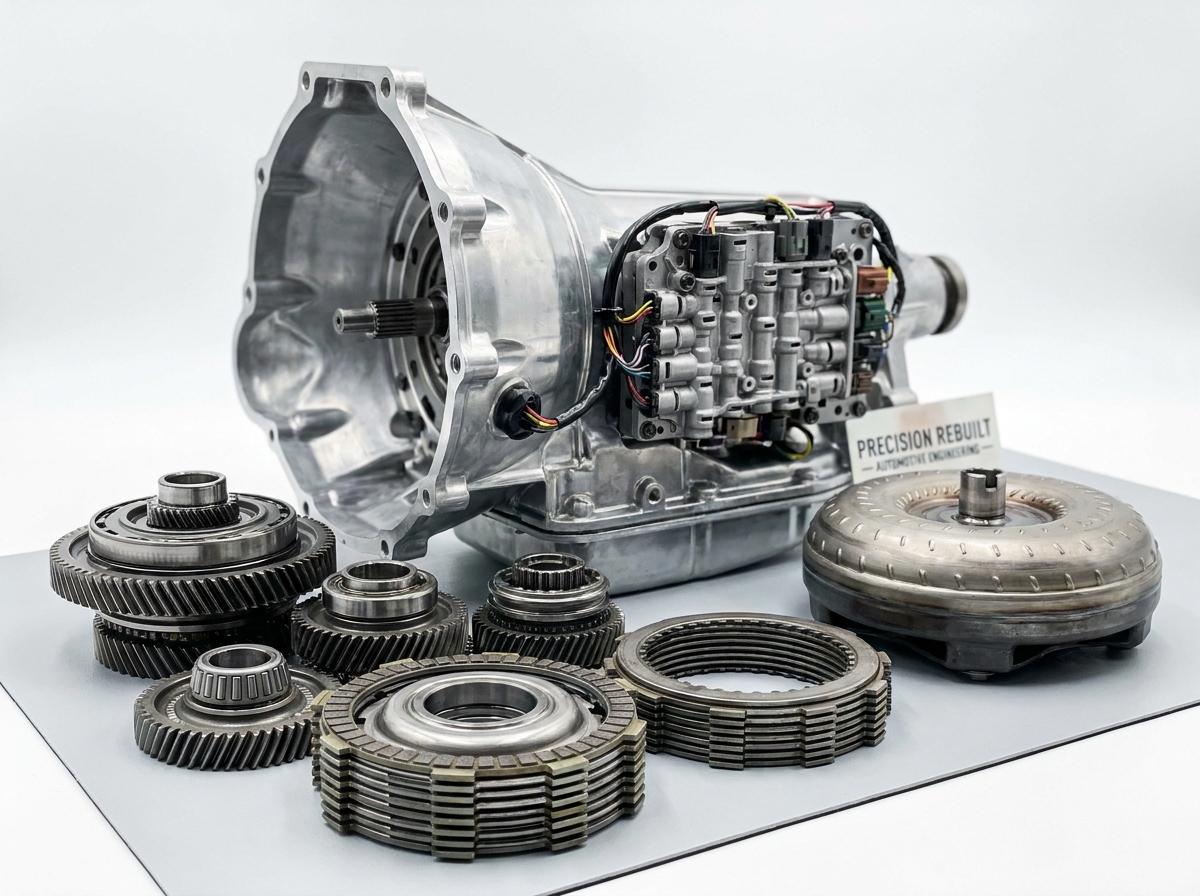Professionally rebuilt transmission unit with all components laid out including gears torque converter and clutch packs